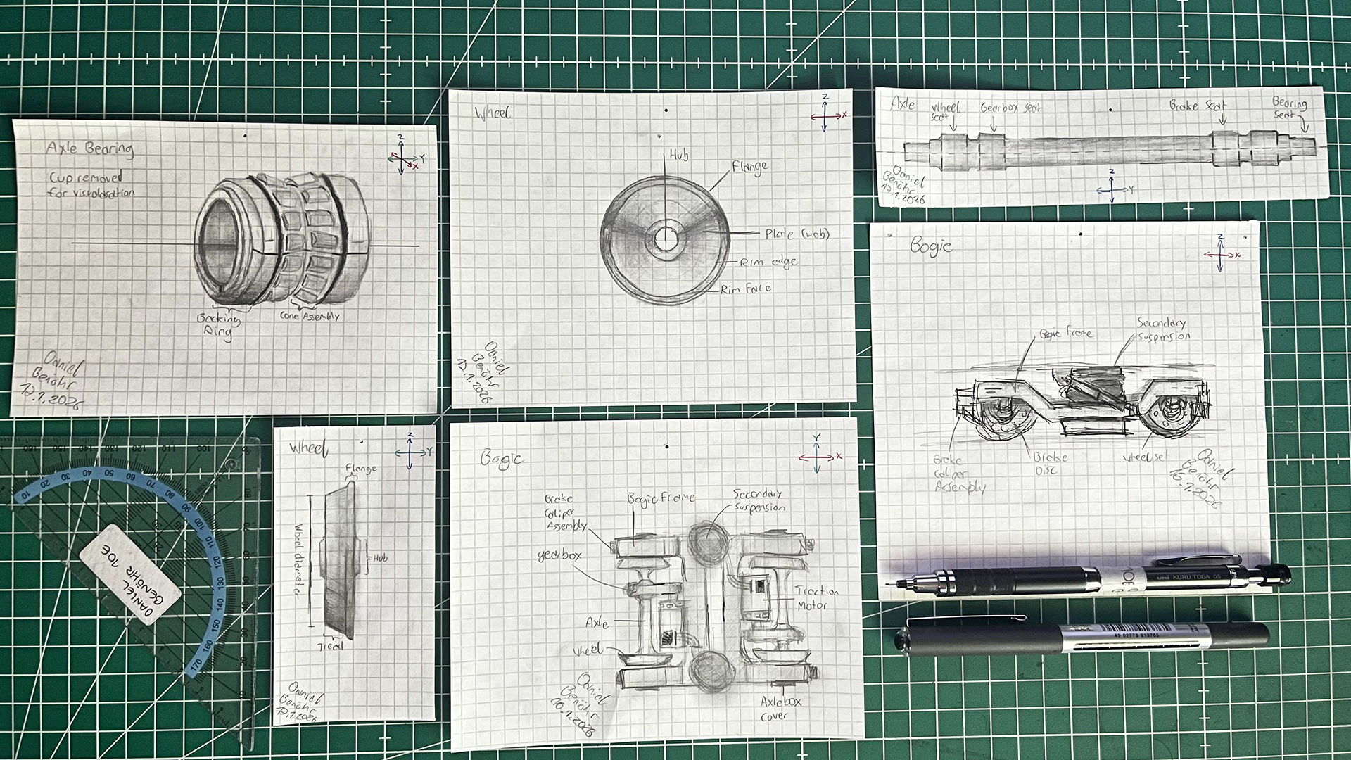 Pencil drawings of a bogie and its components