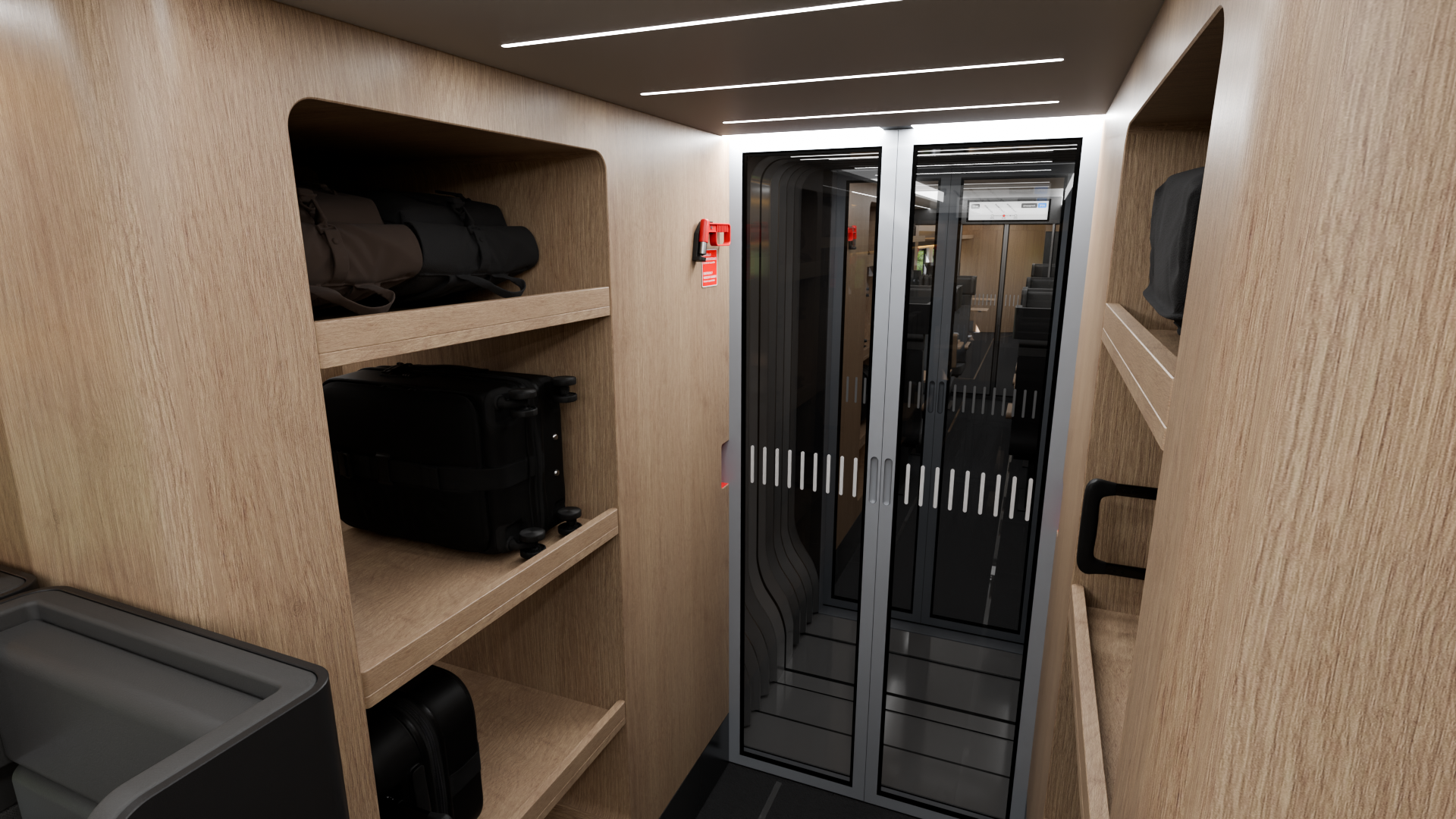 Gangway area with luggage compartments