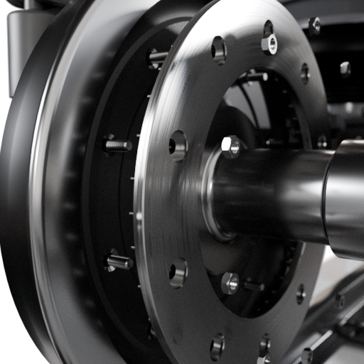Explosion render of wheel mounted brake disc