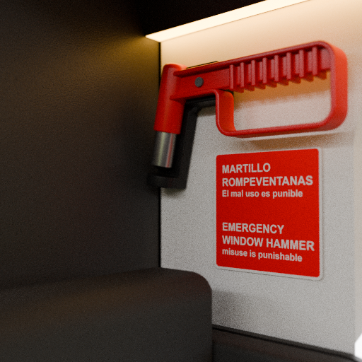 Emergency window breaker hammer on the cabin wall